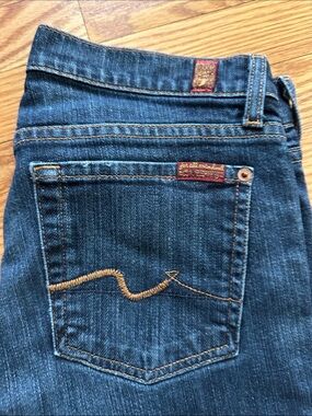 7 For All Mankind Women’s Boot Cut Jeans in Dark Blue with Gold Stitching